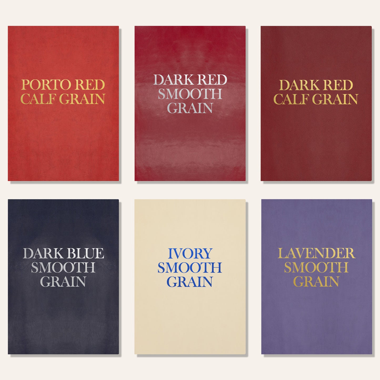 Multiple faux leather menu covers in red, ivory, dark blue, and lavender