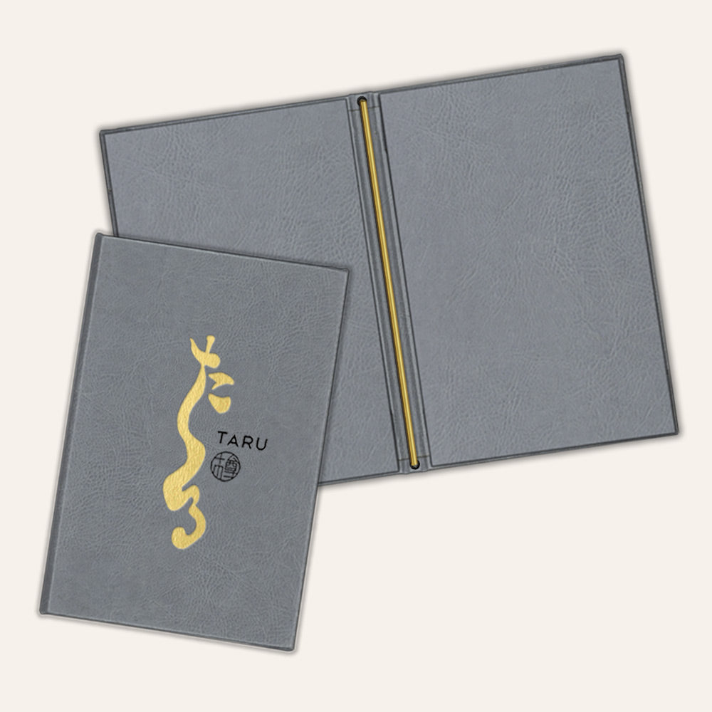 Grey faux leather menu cover with golden print