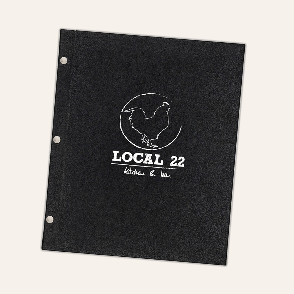 Black faux leather menu cover with white printed logo