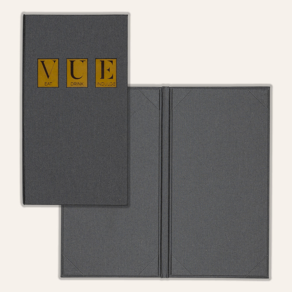 Dark grey linen menu cover with golden prints