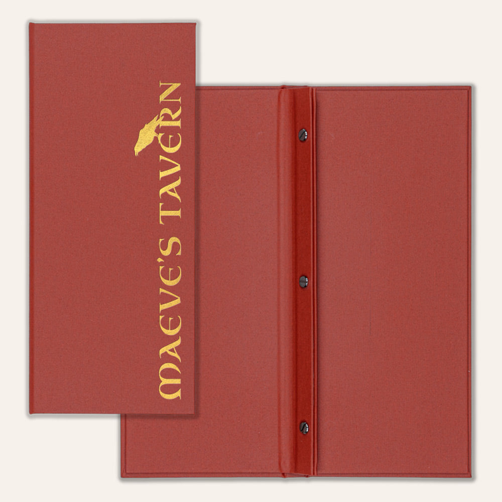 Red Arrestox linen menu cover with golden printed logo