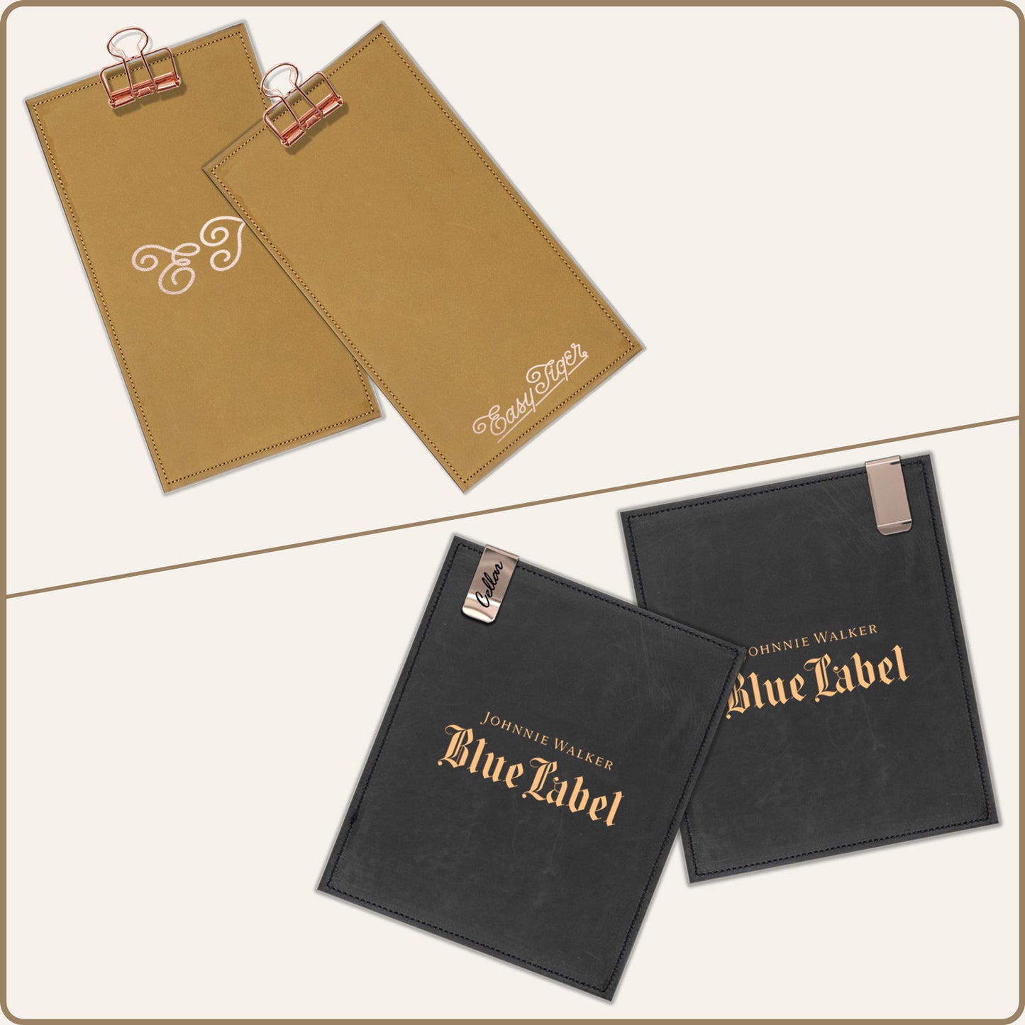 Thick slab leather menu boards with clips for restaurants