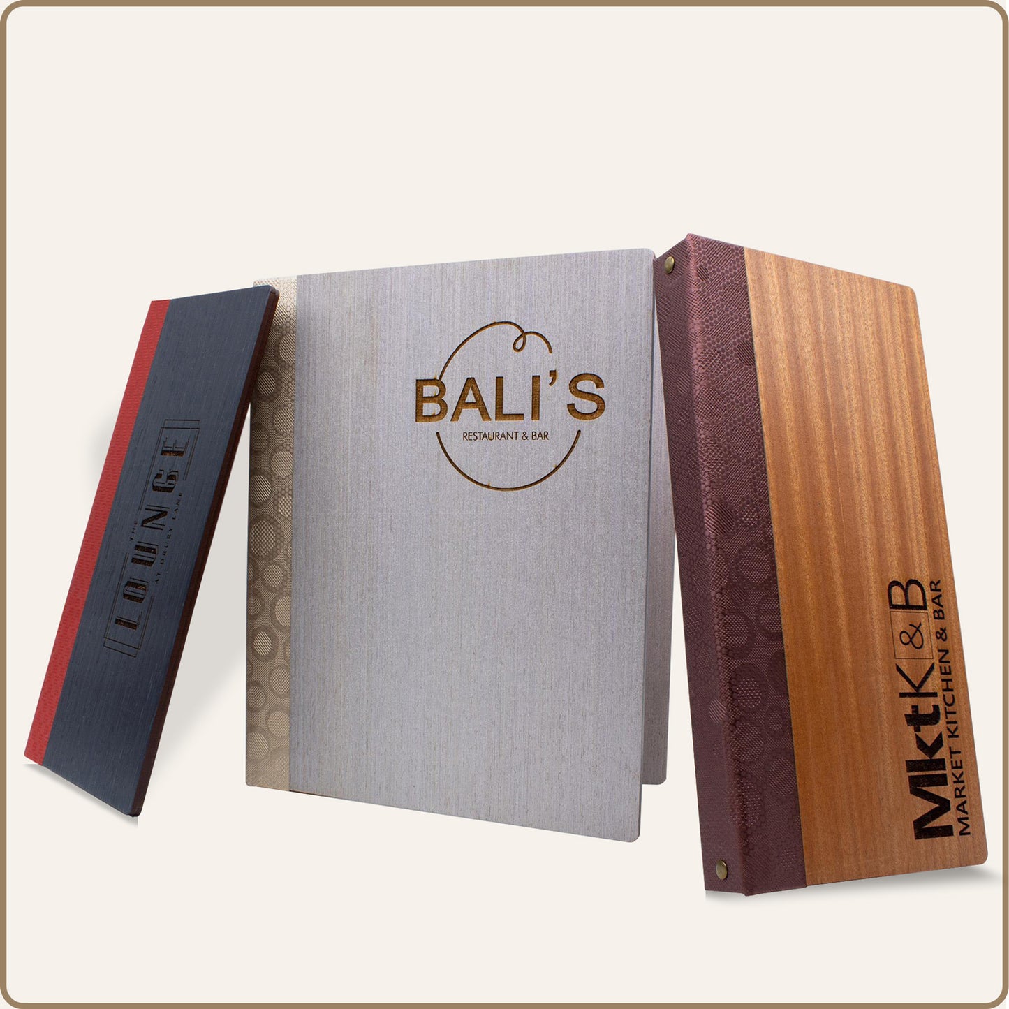 Wood menu cover with binder rings for hotels, cafes and restaurants