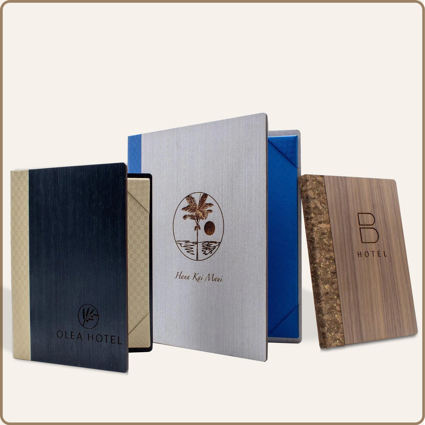 Wood menu cover with corner tab inserts