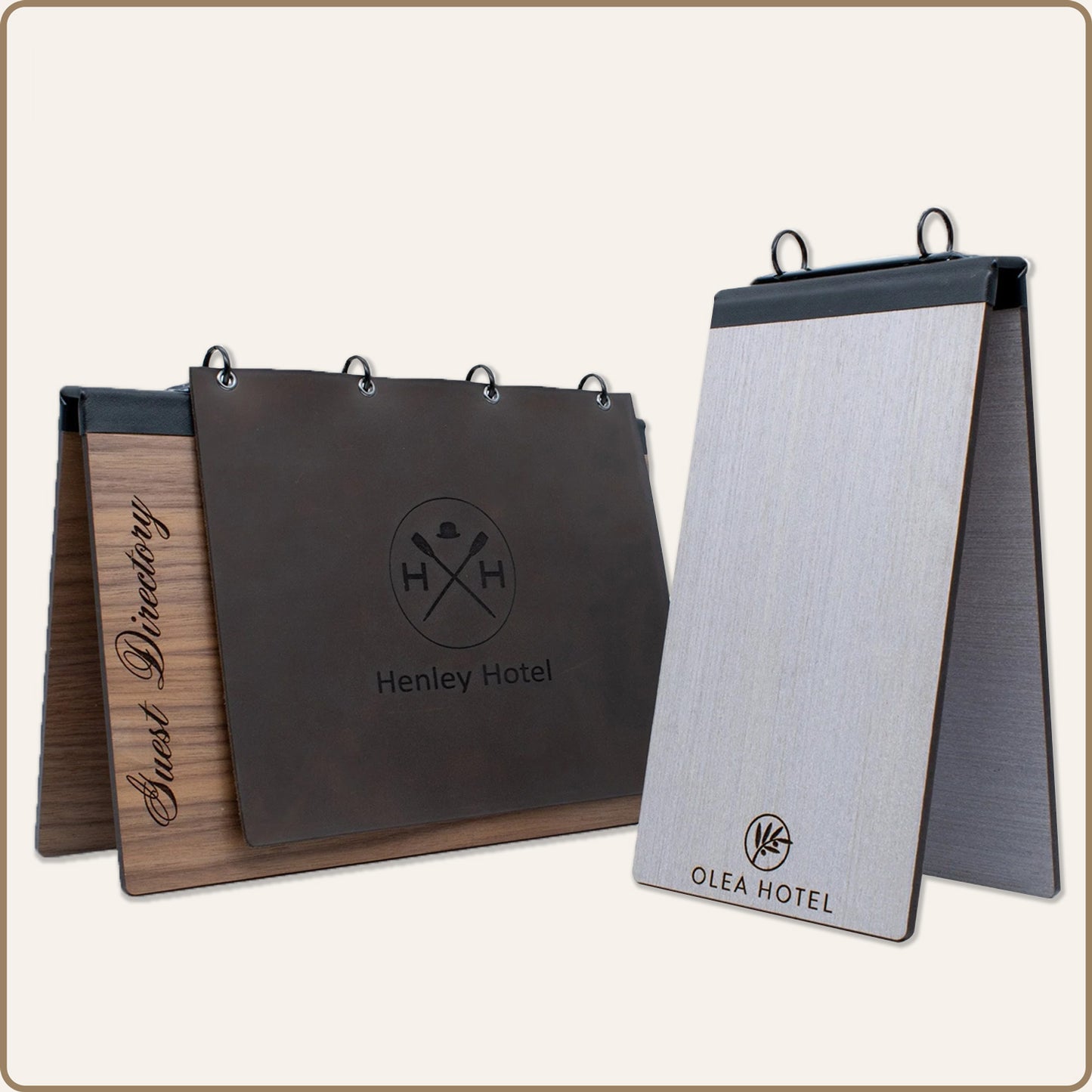 Wood directory table tents with rings