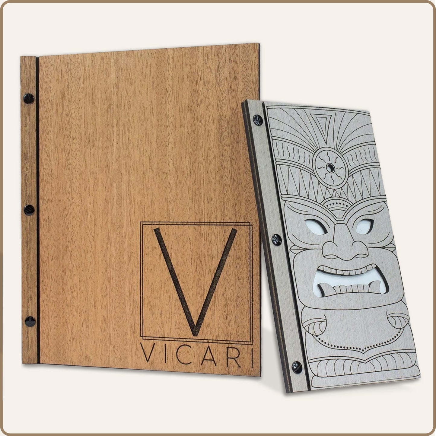 Custom wood menu covers with screw post binding