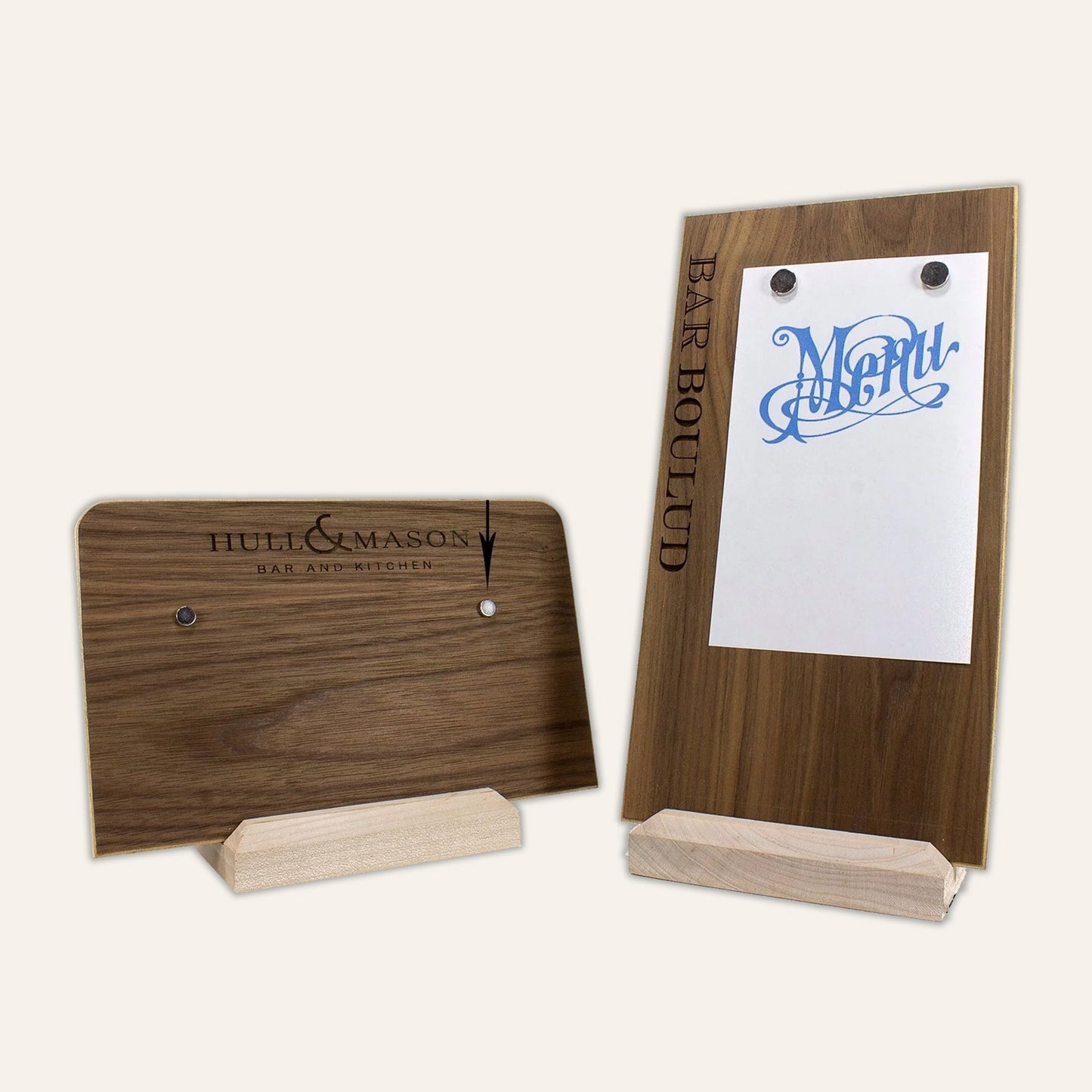 Wood menu board stands with magnets