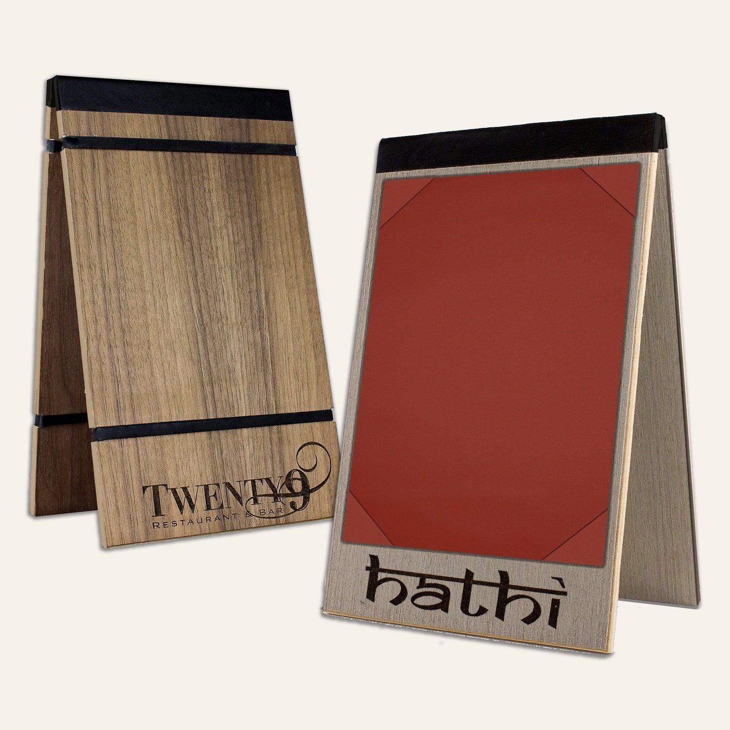 Wood table tents with elastic bands