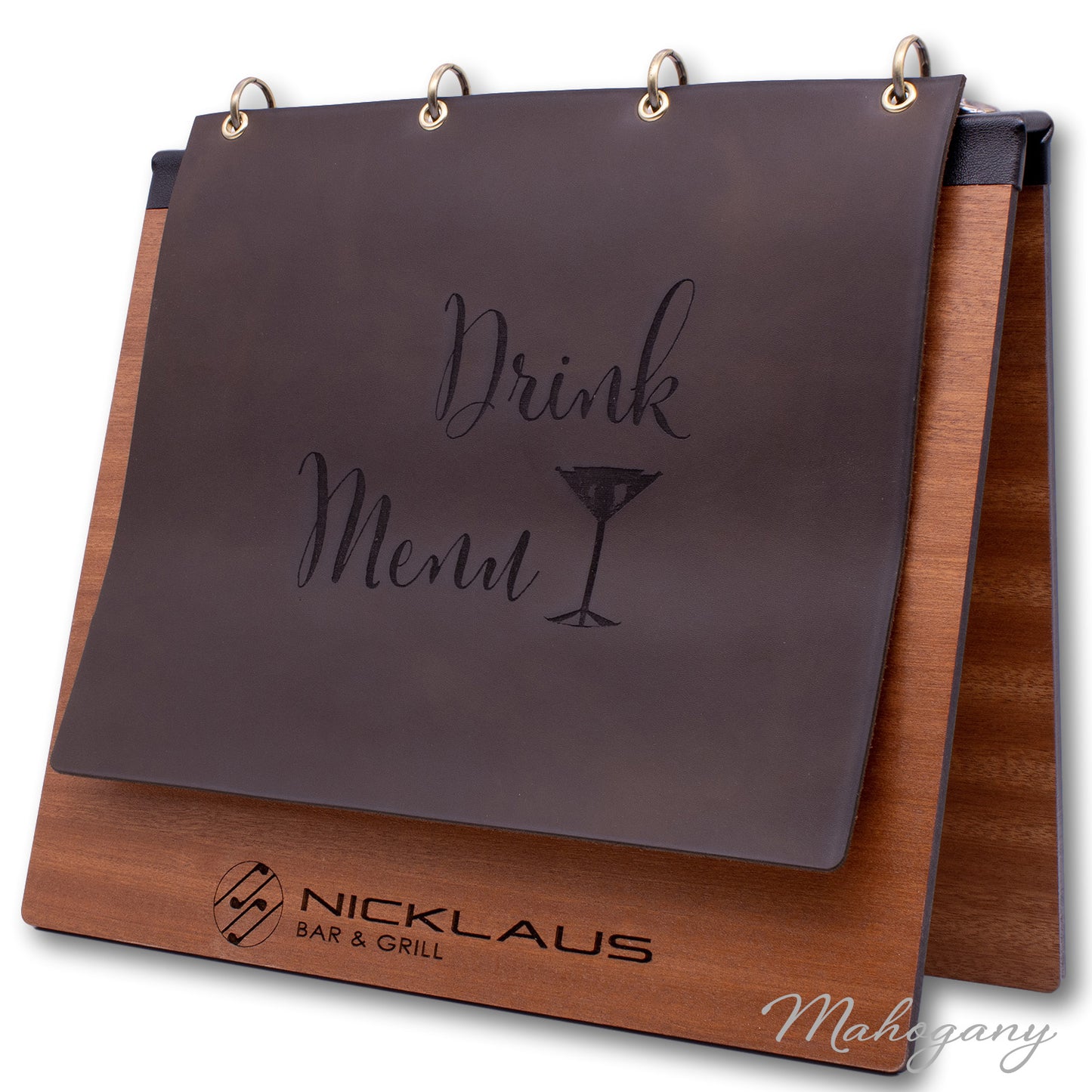 Wood table tent with binder ring for drink menu