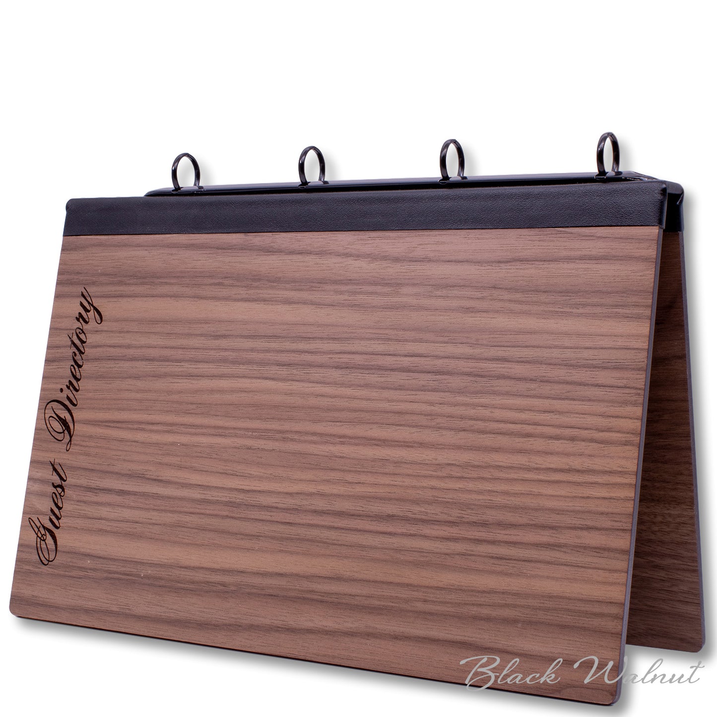 Walnut wood table tents for hotels with ring binders