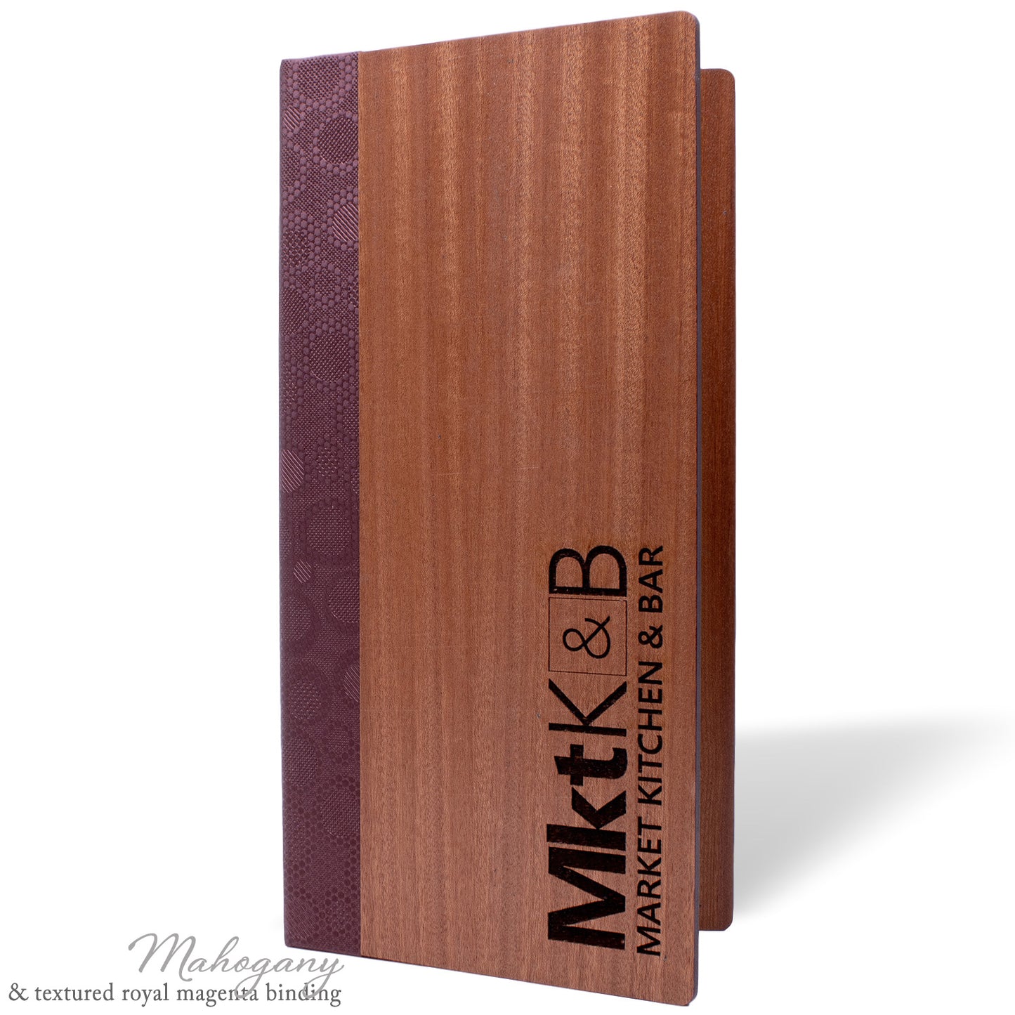Wood menu cover with elegant texture binding
