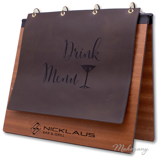 Table Tent Display With Binder Ring Mechanism in Mahogany with optional leather cover
