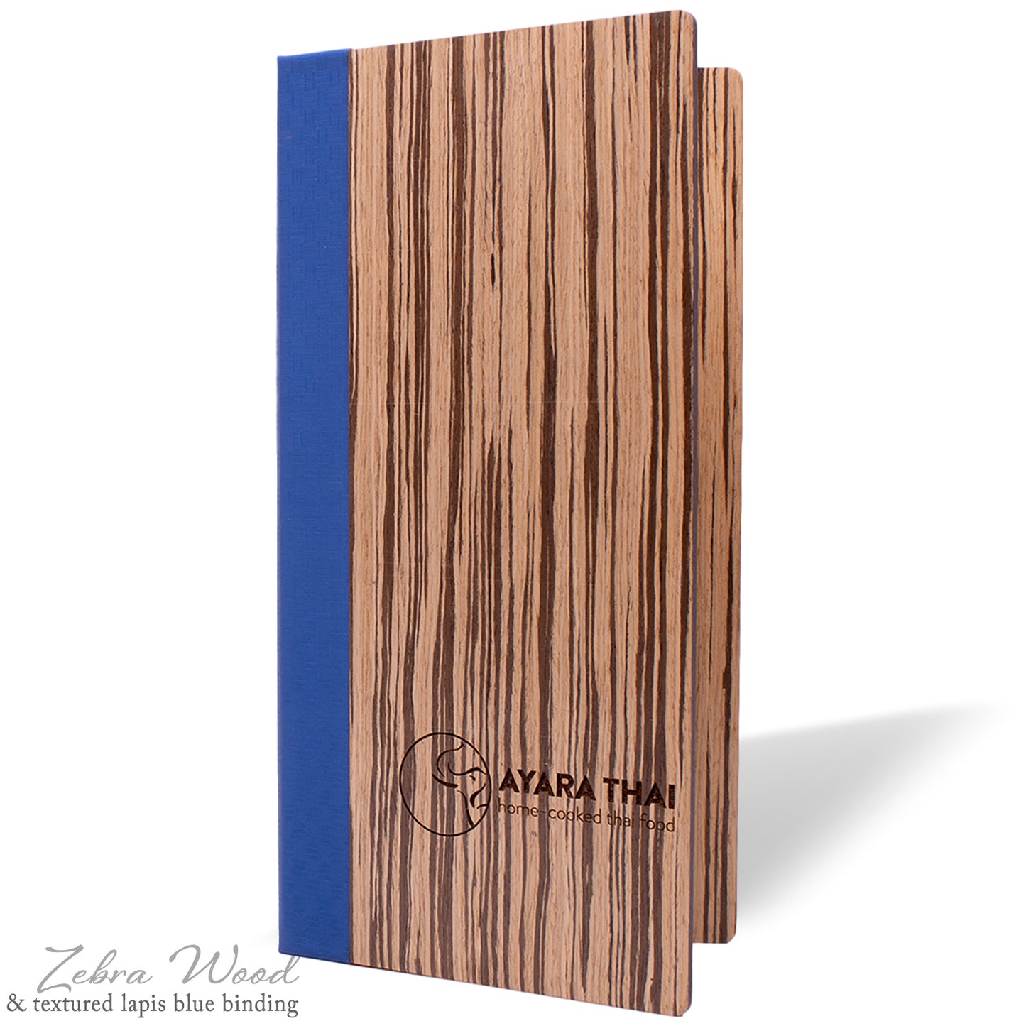 Wood menu cover with blue binder