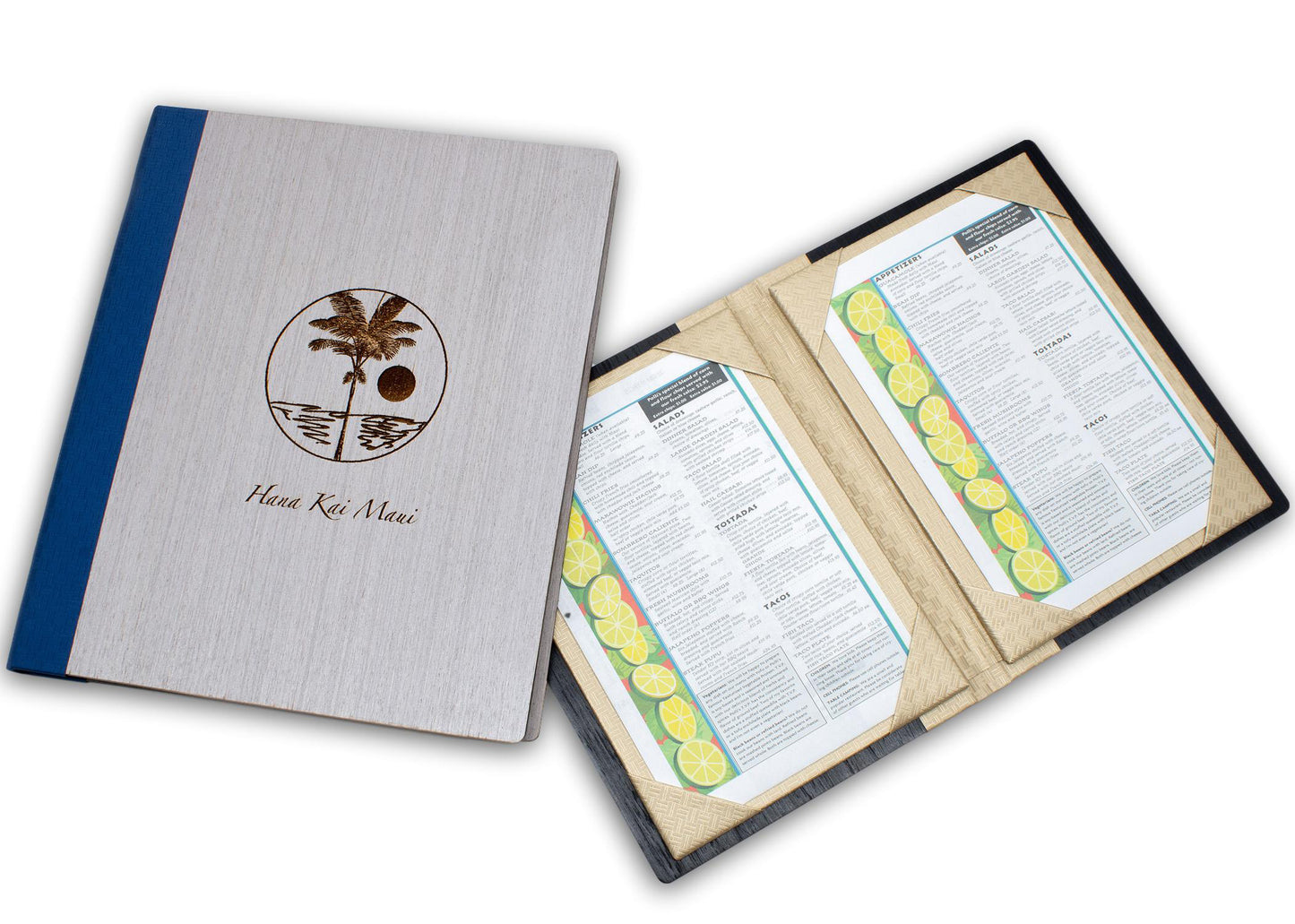 Wood menu covers with corner tab inserts