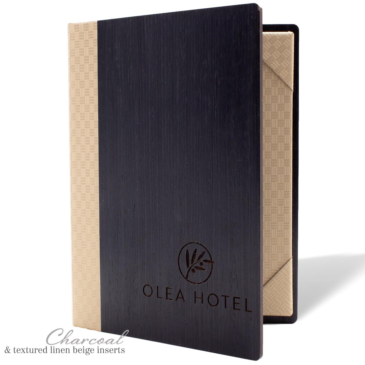 Charcoal wood menu cover with corner tab inserts