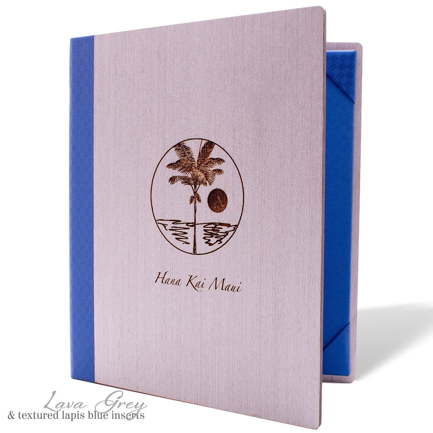Wood menu cover for restaurants with corner tab inserts in grey color