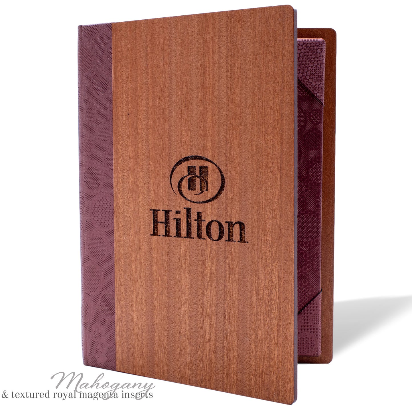 Elegant wood menu cover with corner tab inserts for hotel restaurants