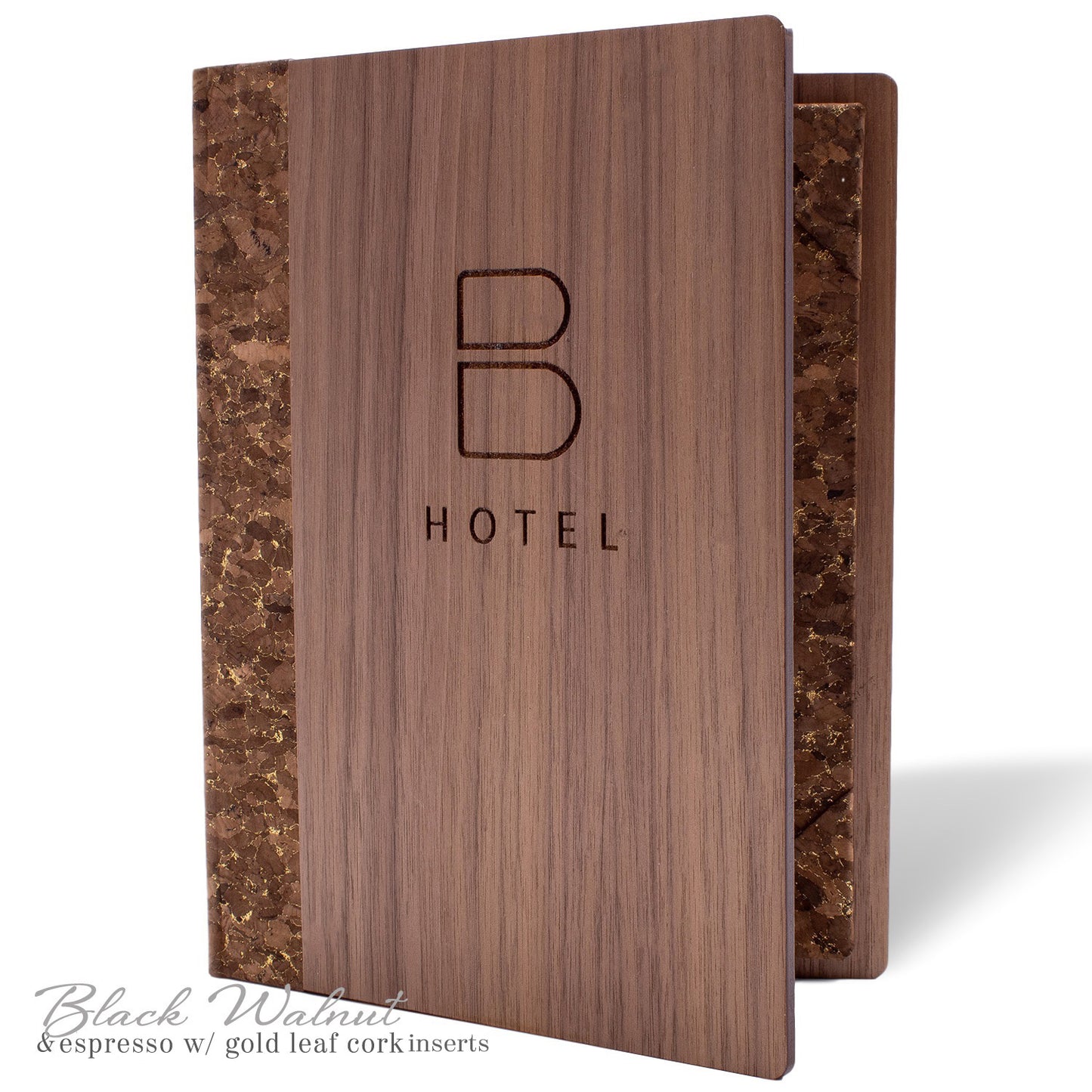 Walnut wood menu cover with corner tab inserts