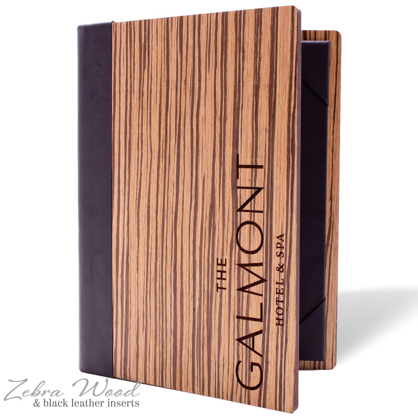 Wood menu cover with leather corner tab inserts