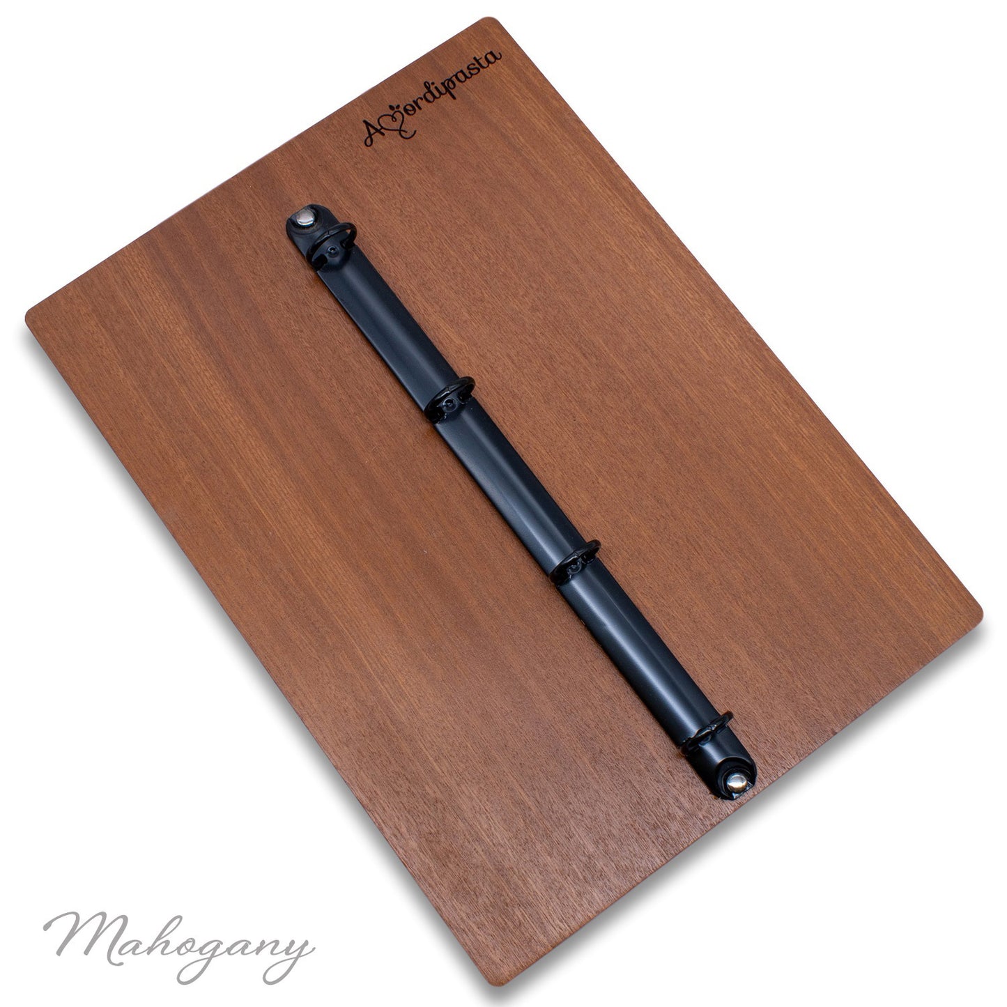 Brown wood menu board with centered binder rings