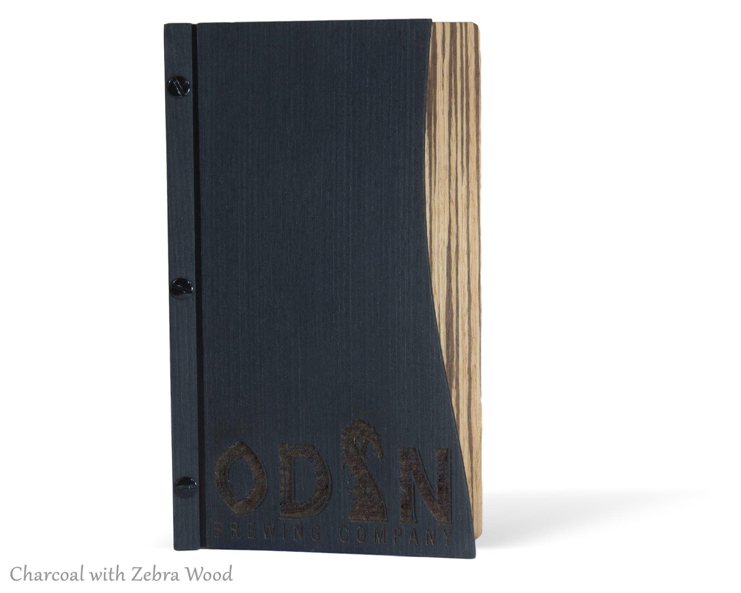 Wood menu cover in charcoal and zebra wood color
