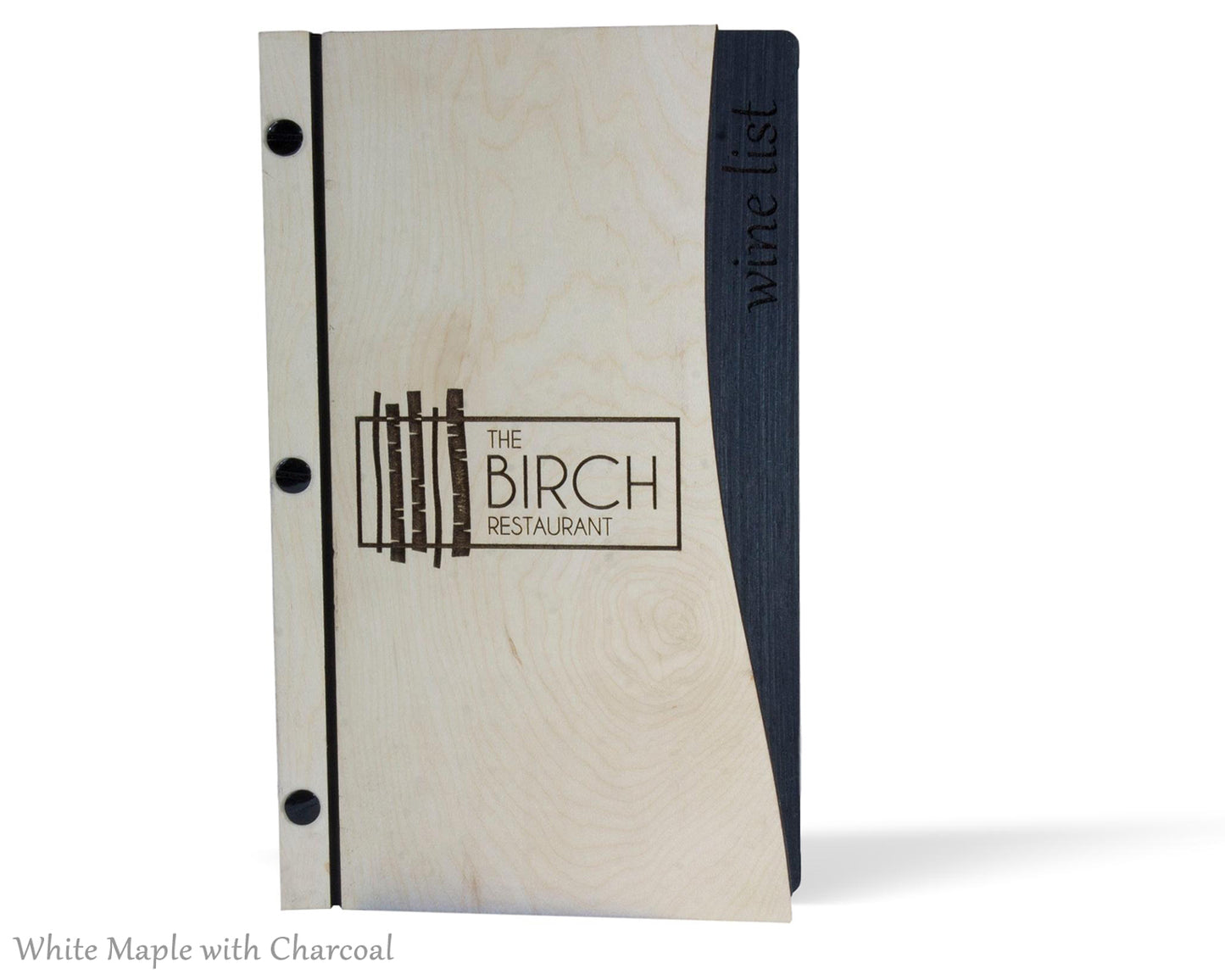 Wood menu cover with screw post in maple and charcoal colors