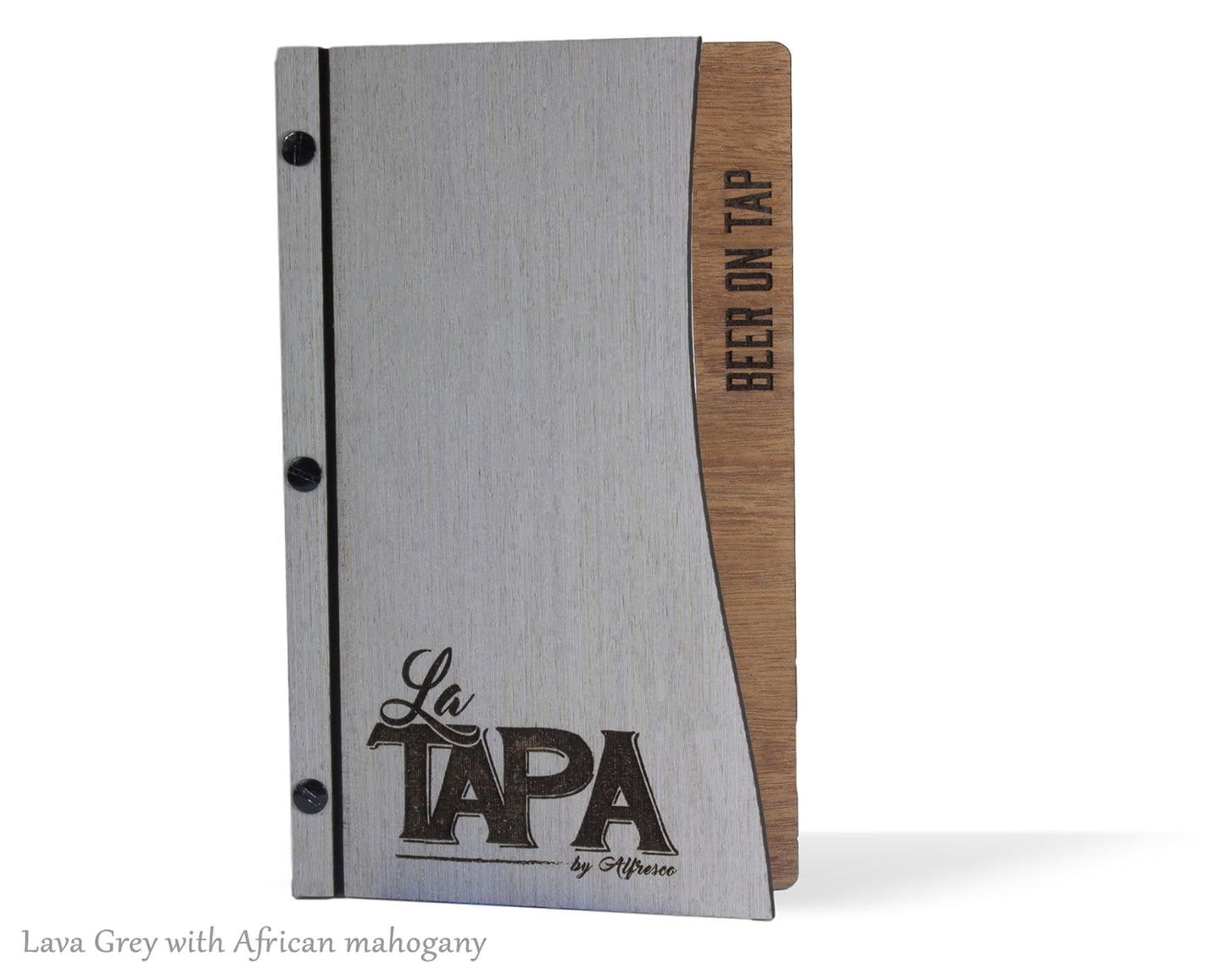 Wood menu cover with screw post in grey and mahogany color