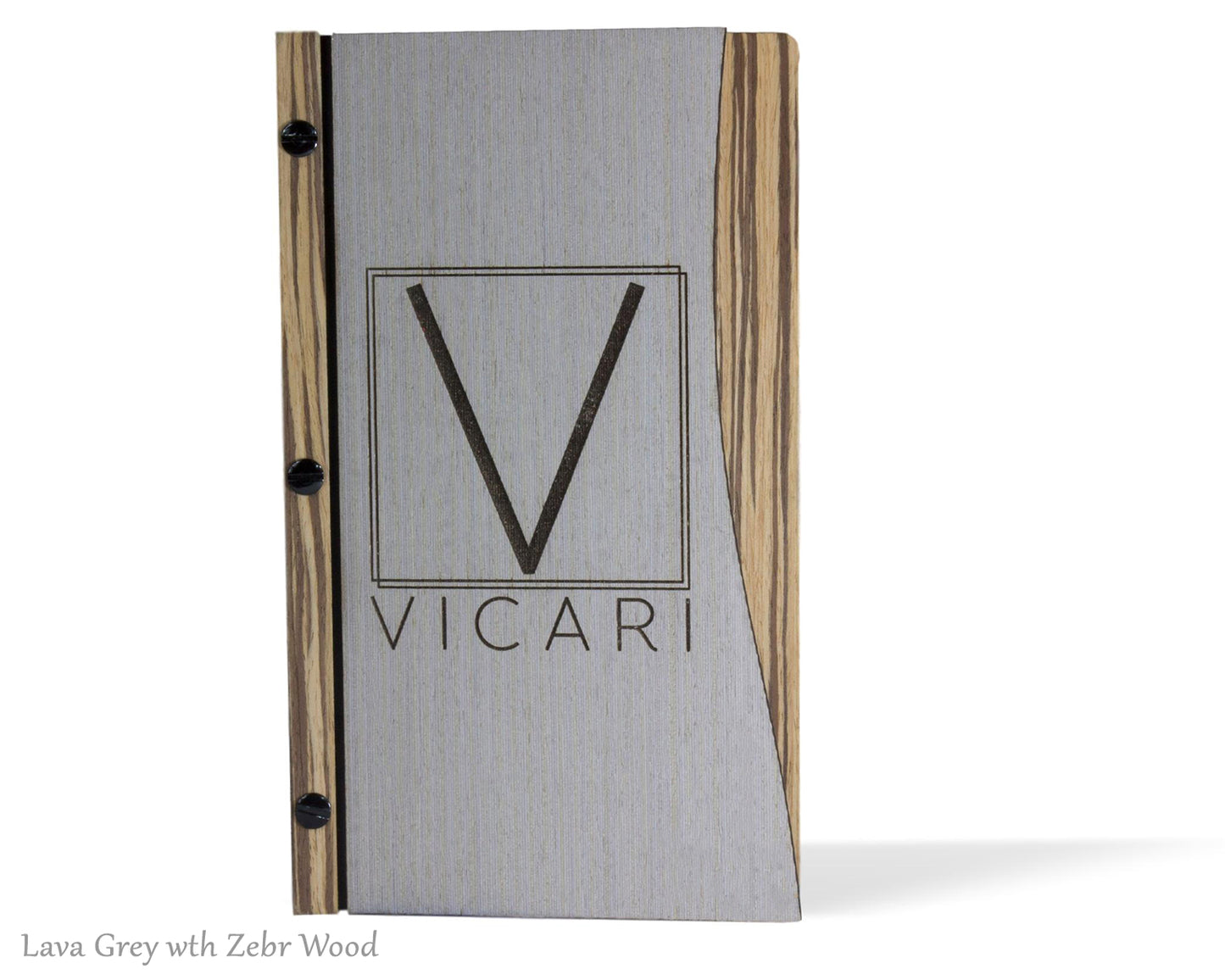Wood menu cover in grey and zebra wood colors