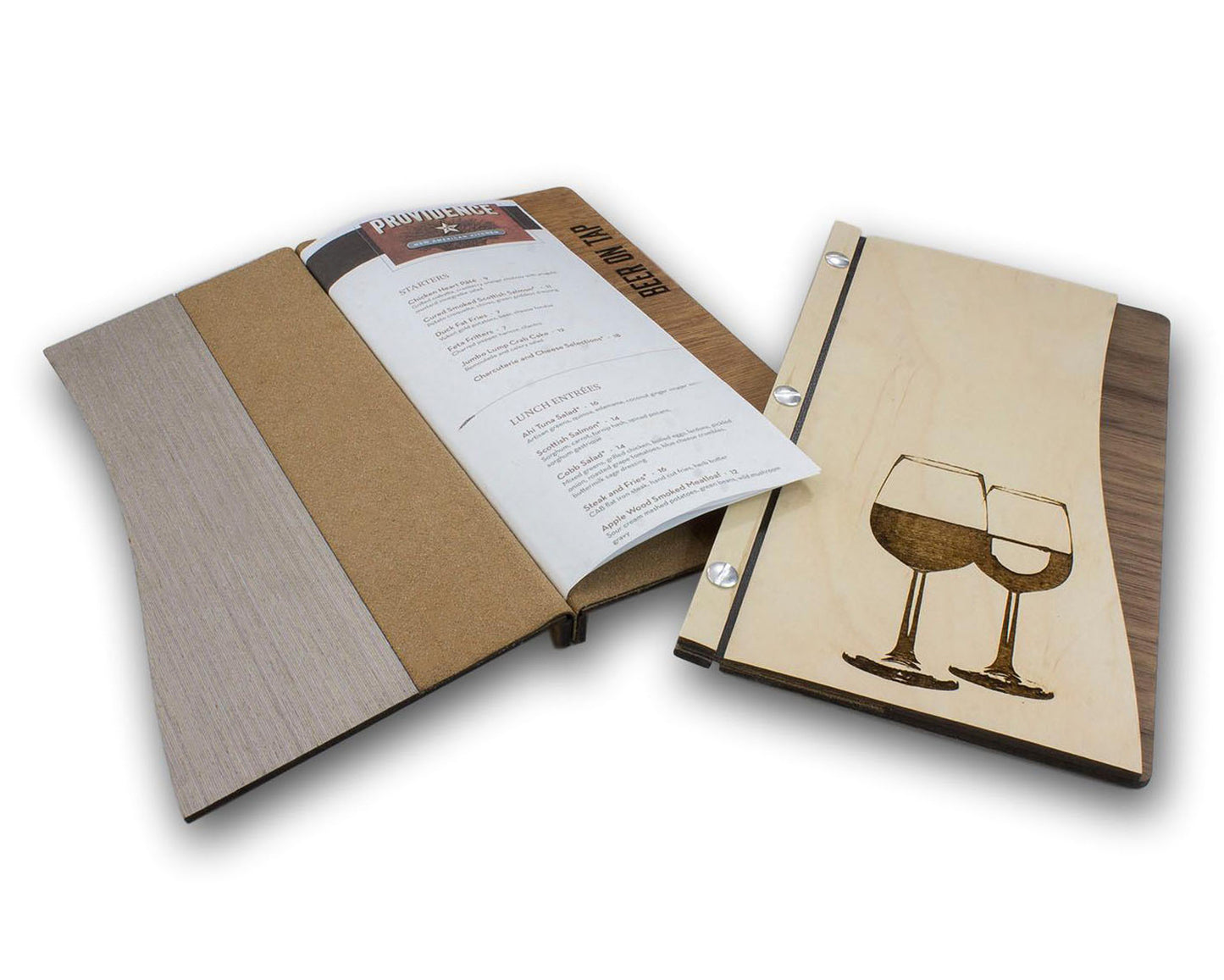 Menu cover in wood with menu pages