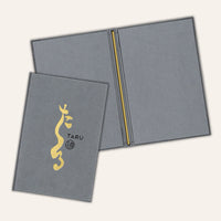 Grey faux leather menu cover with golden print
