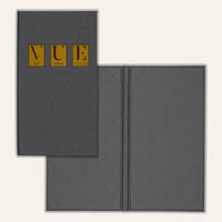 Dark grey linen menu cover with golden prints