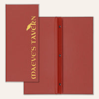 Red Arrestox linen menu cover with golden printed logo