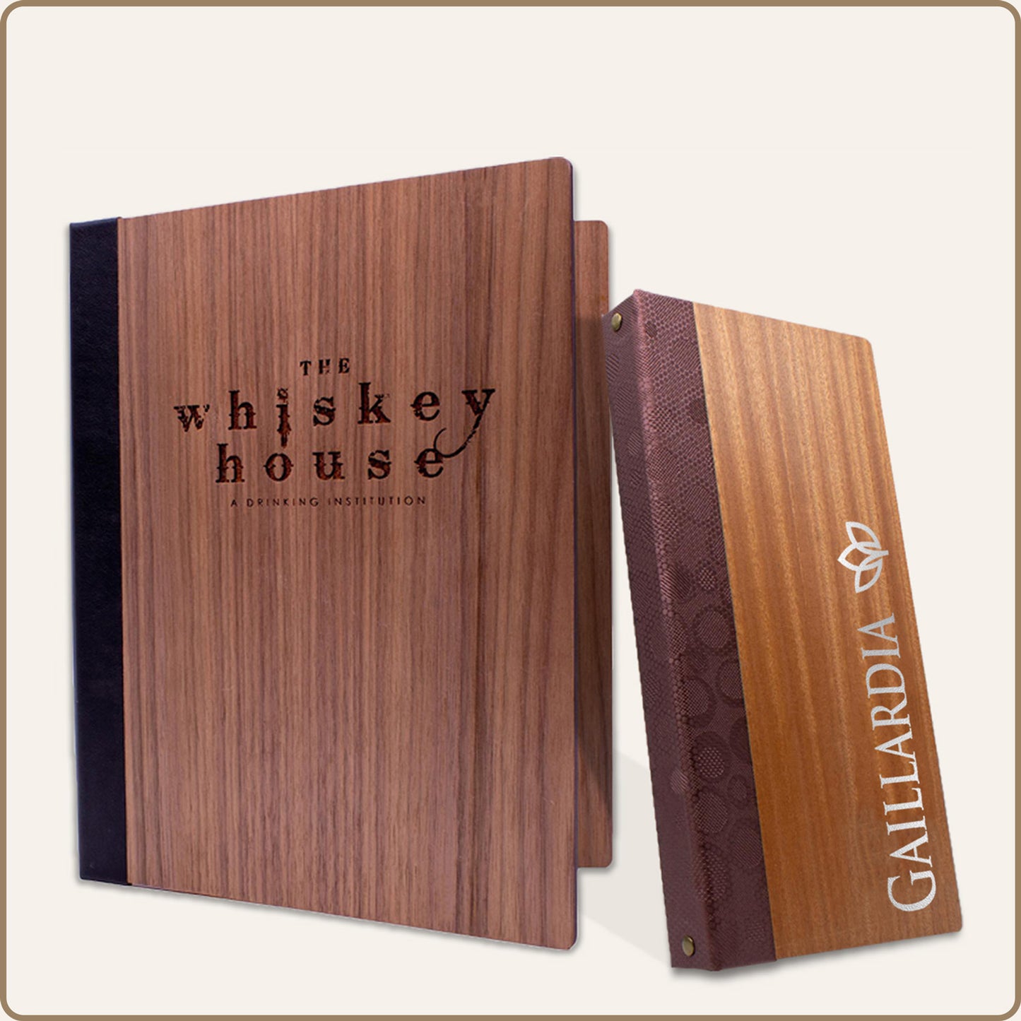 Wooden menu covers with 'The Whiskey House' and 'Gallardia' branding on a light beige background.