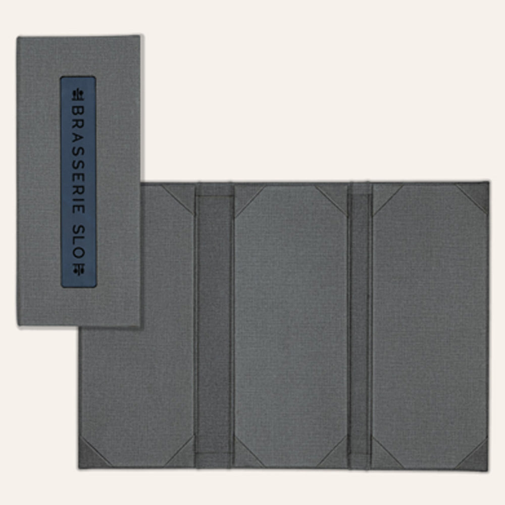 Dark grey Arrestox linen menu cover for restaurants