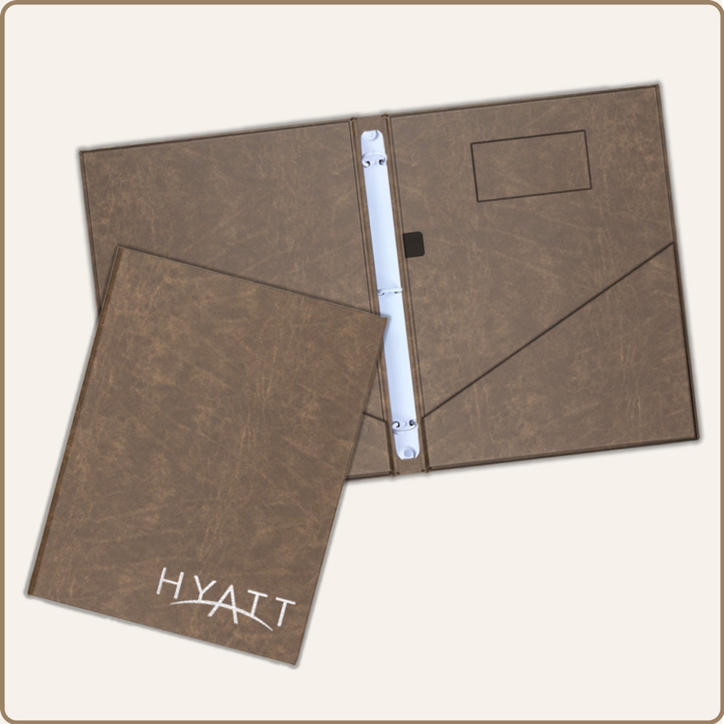 Brown turned edge directory cover for hotels with centered binder