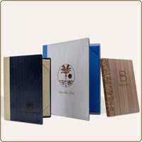 Wood menu cover with corner tab inserts