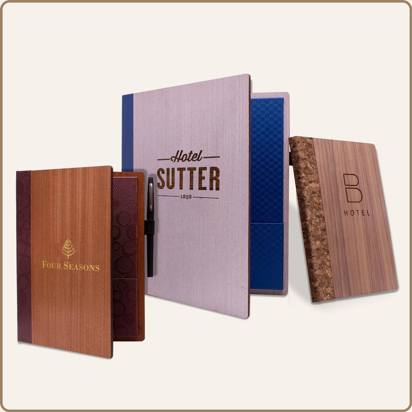 Wood hotel directories in various colors and sizes