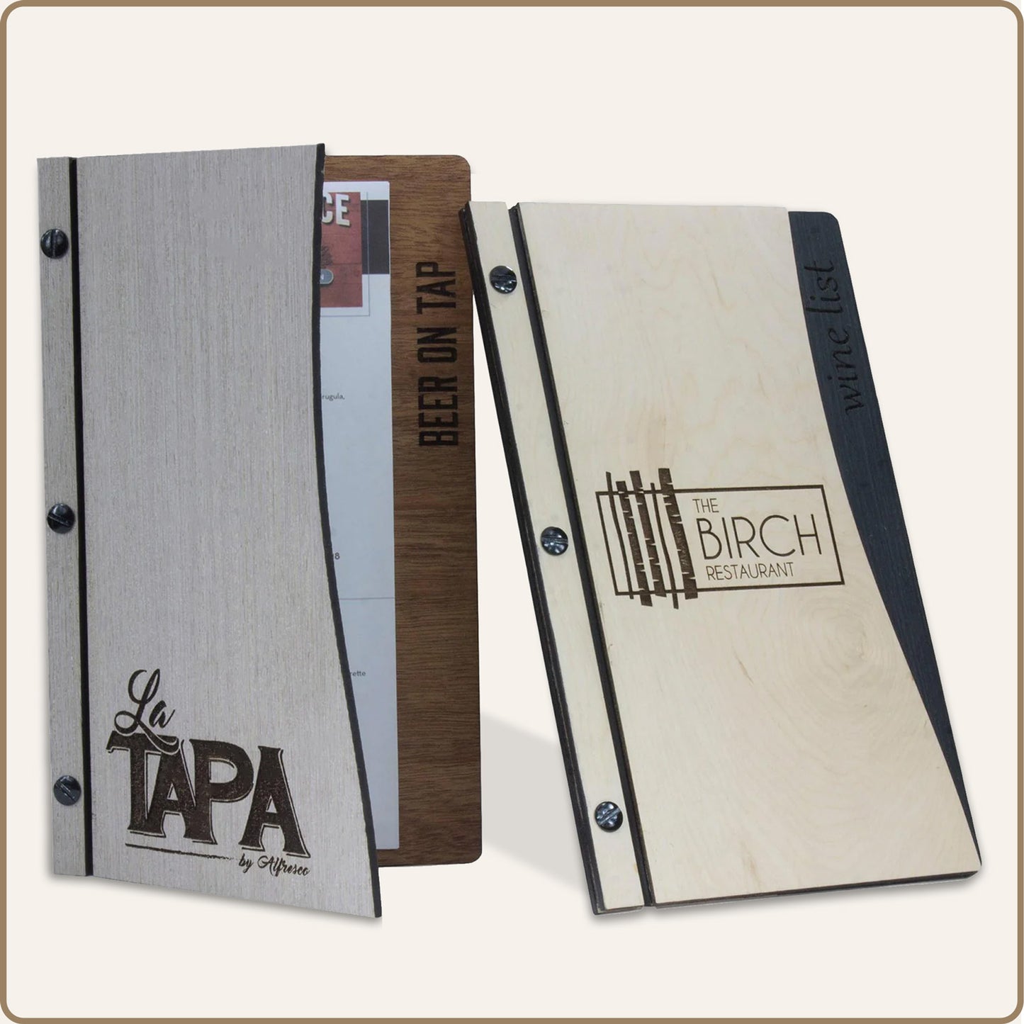 Wood Menu Cover with Screw Post Binding and Laser Cut Front Cover